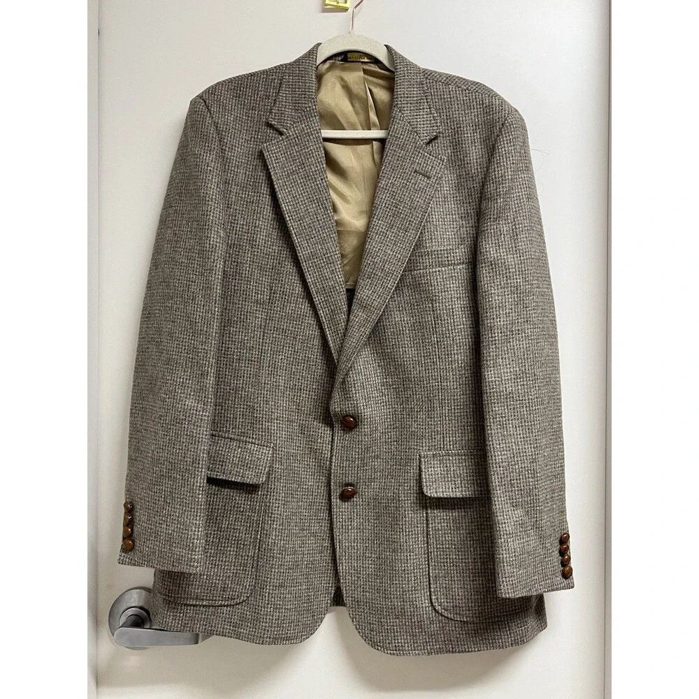Vintage Imperial by Haggar Wool Tweed Blazer Tan Leather Button Jacket 44R USA